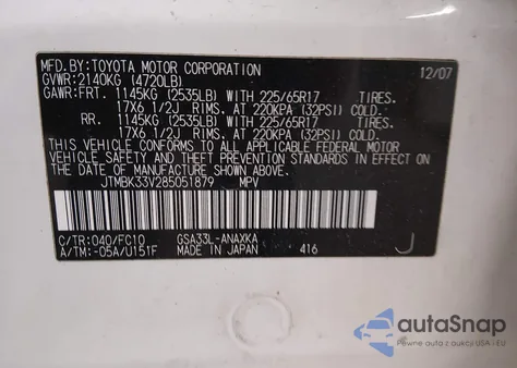 2008 Toyota Rav4 Base V6 z USA, uszkodzony, nr VIN JTMBK33V285051879